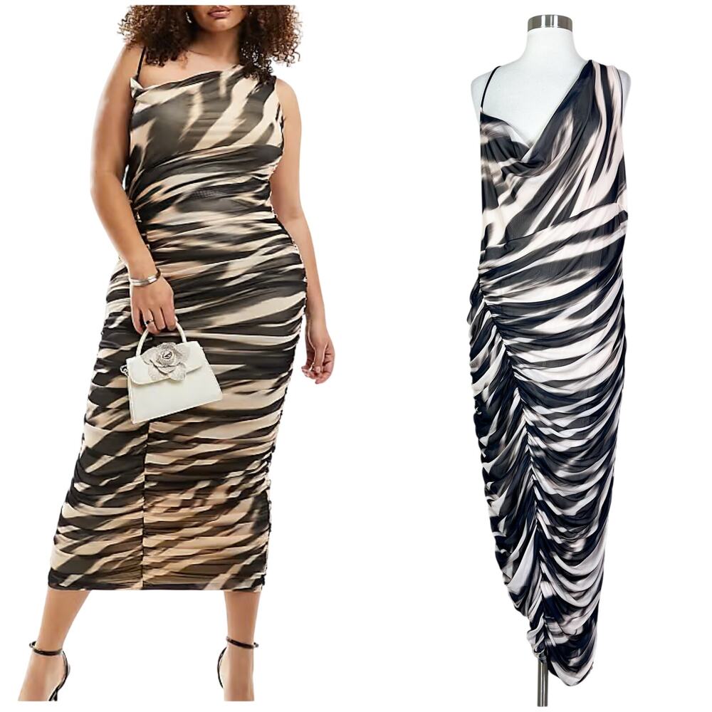 ASOS Curve | Draped Ruched Plus Size Bodycon Mesh Black Cream Midi Dress 16